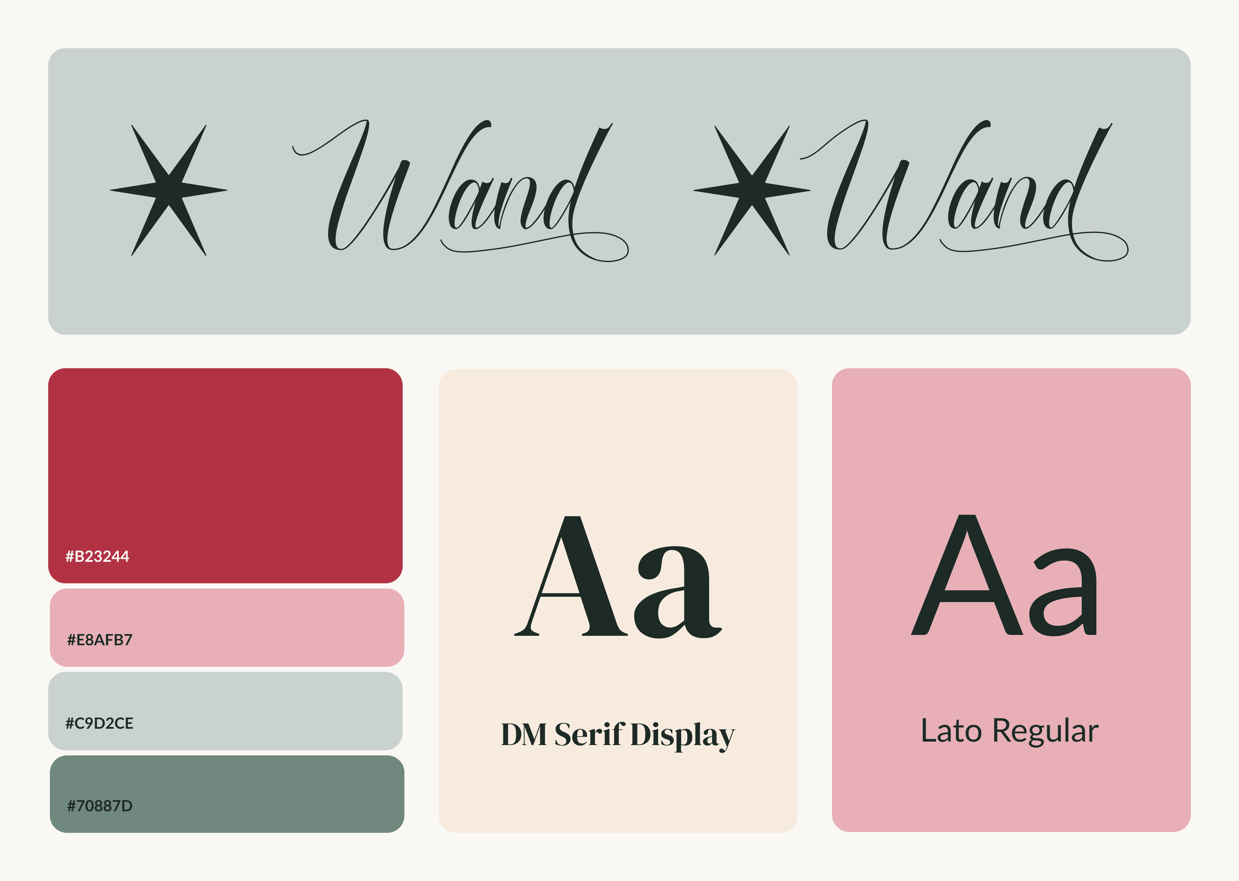 Branding design emphasizing the colors, fonts, and logos for the "Wand" app.