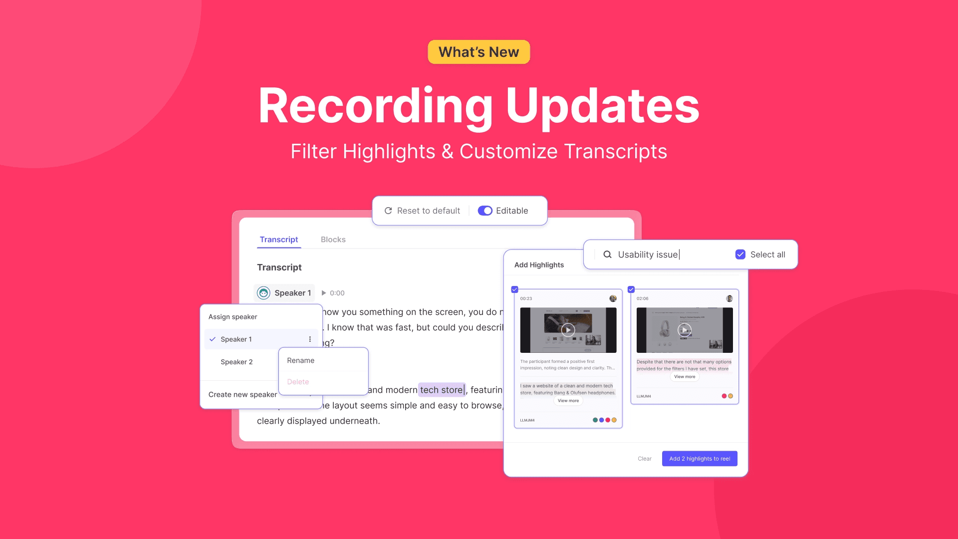 Image shows the UI elements that represent the recent updates on Useberry’s Recordings feature. With a screenshot of the “edit” toggle of transcripts, close up of transcripts UI showcasing editable text, separate element showing how to replace speaker names and a filter highlight option for building reels.
