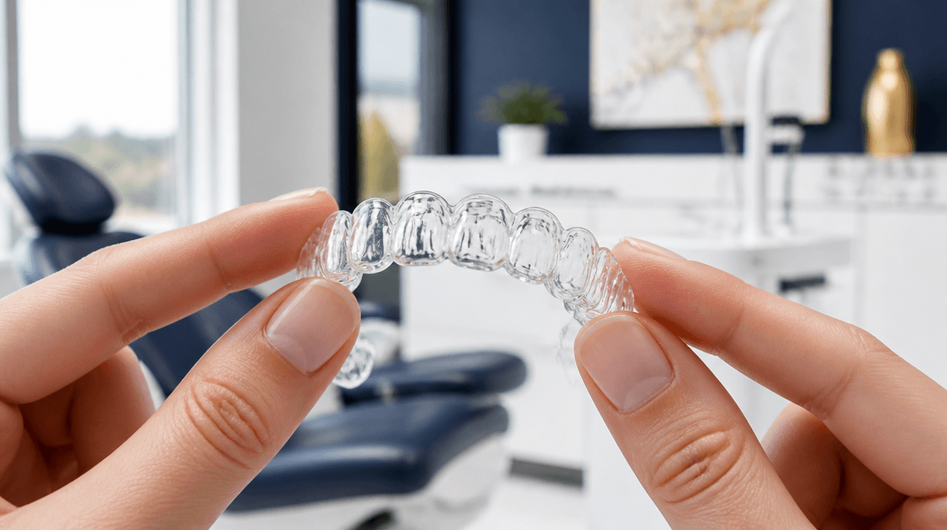Clear Invisalign aligner held between fingertips at a Smyrna dental practice
