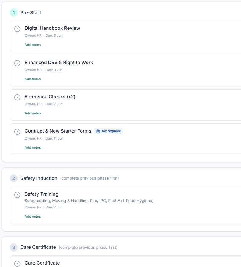 Issue offers and onboard care staff with tasks automated by carer role