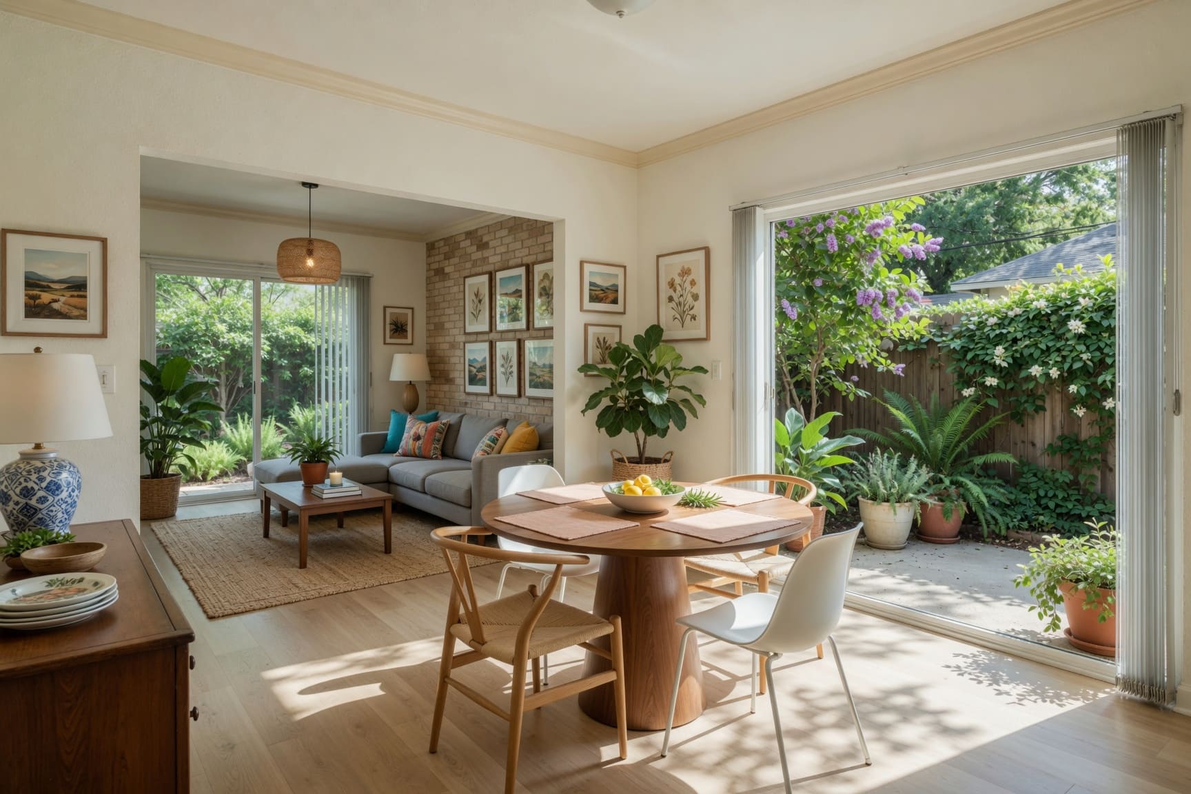 Open plan living and dining room with garden views