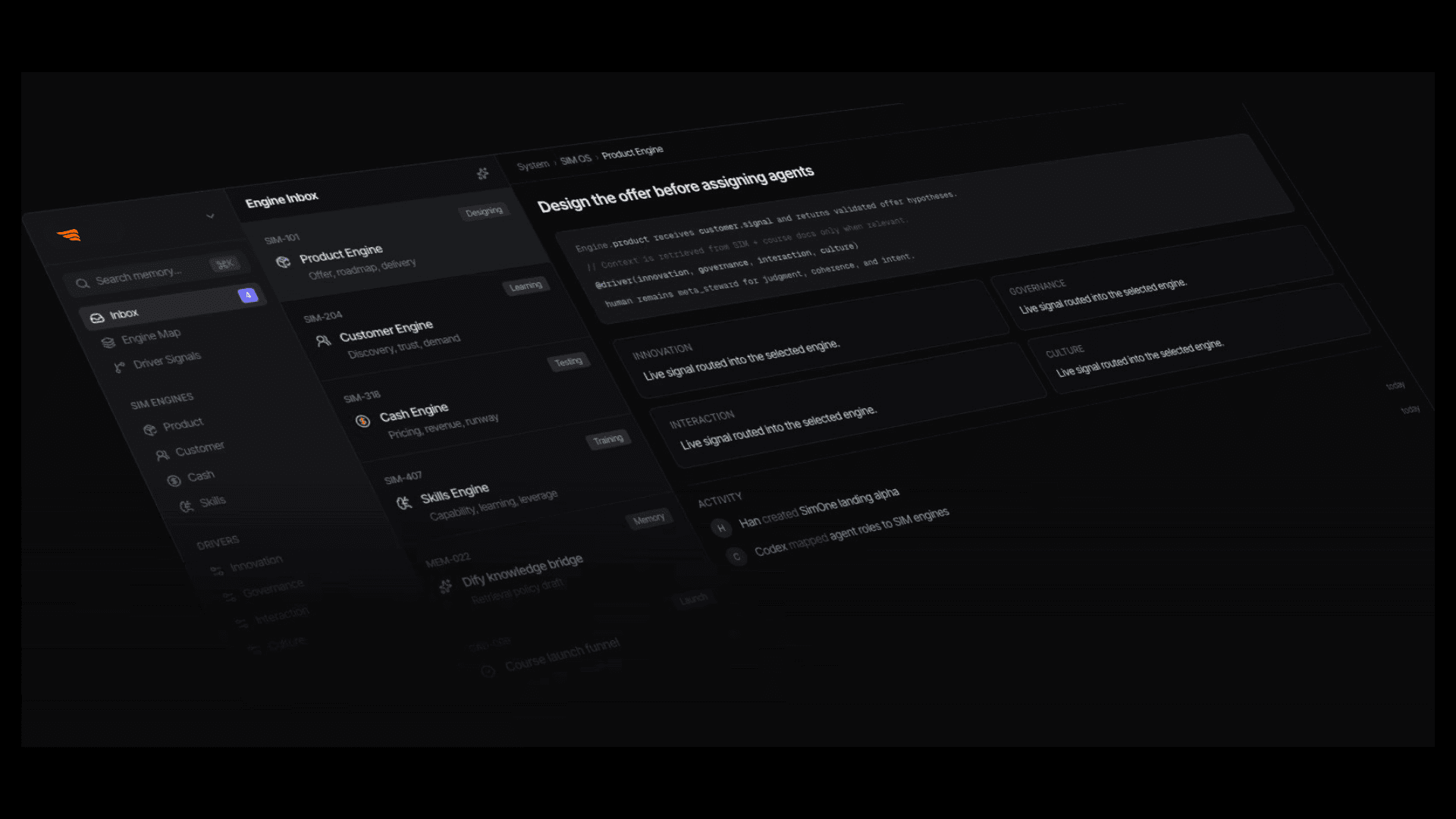 Dark angled product interface composition from the original Sysdom landing presentation