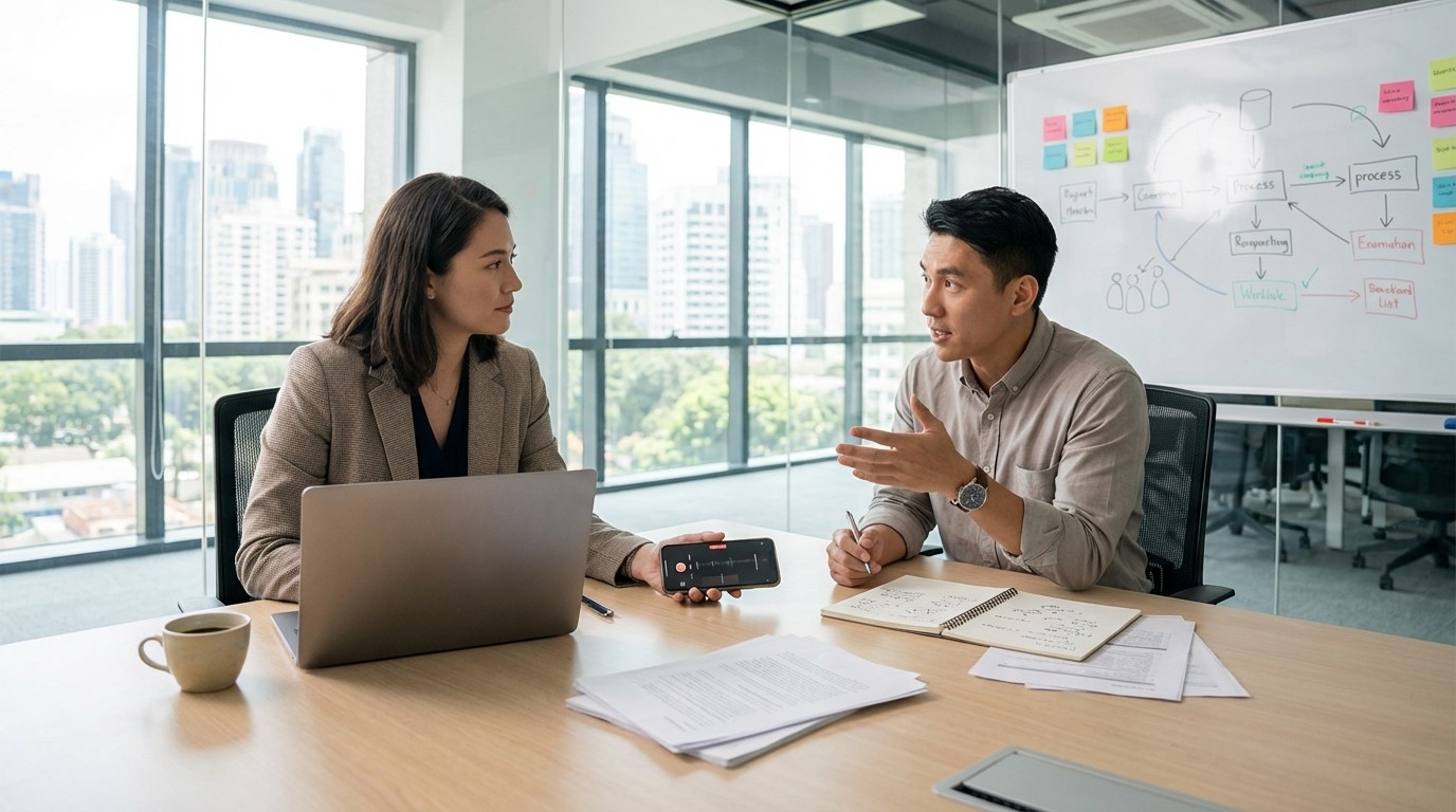 Professionals recording a conversation for AI-automated process discovery