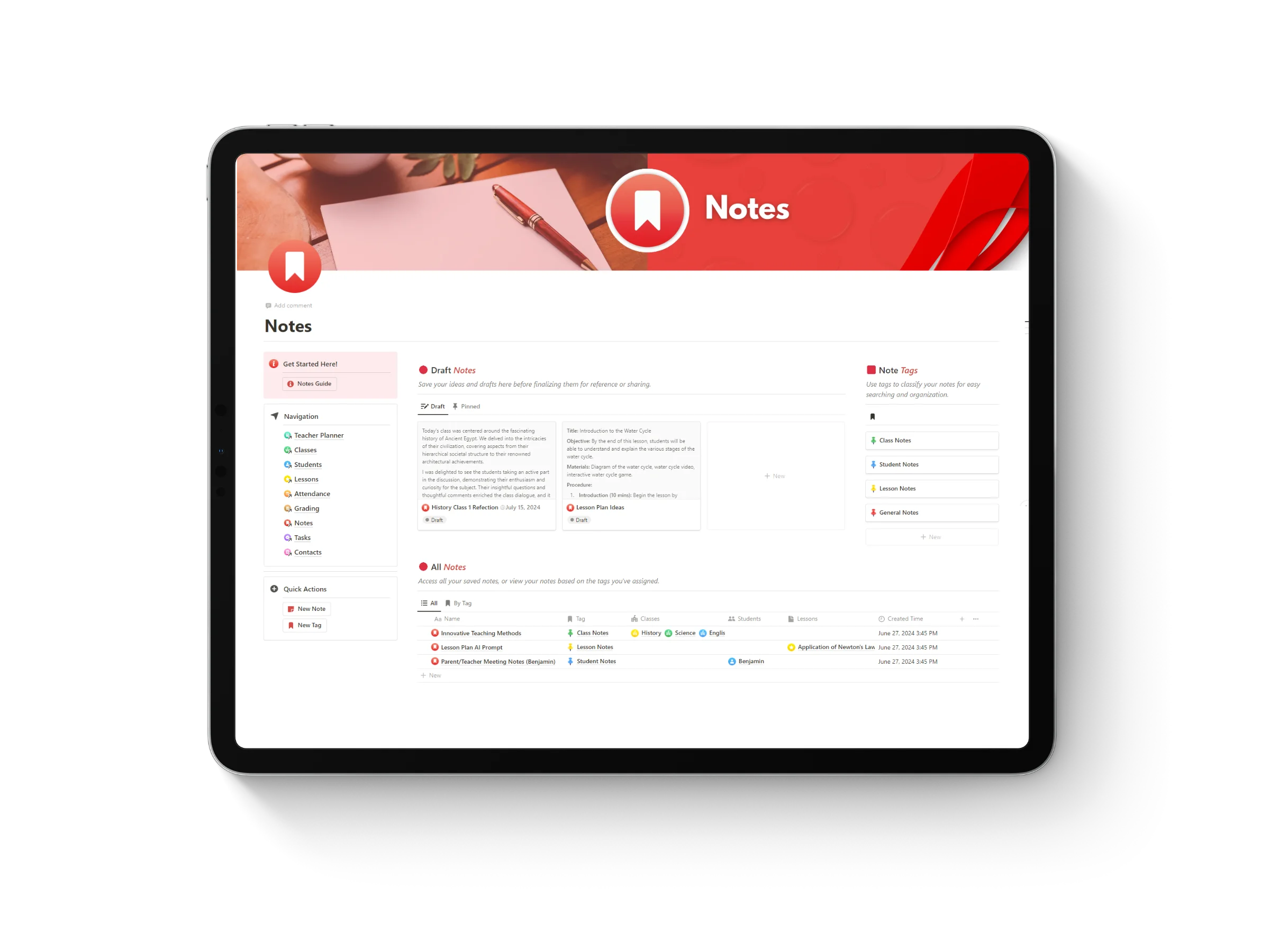 Thumbnail of Notion template for teachers and education featuring an iPad mockup displaying ‘Note Tracker’ title with vibrant red accent colors.