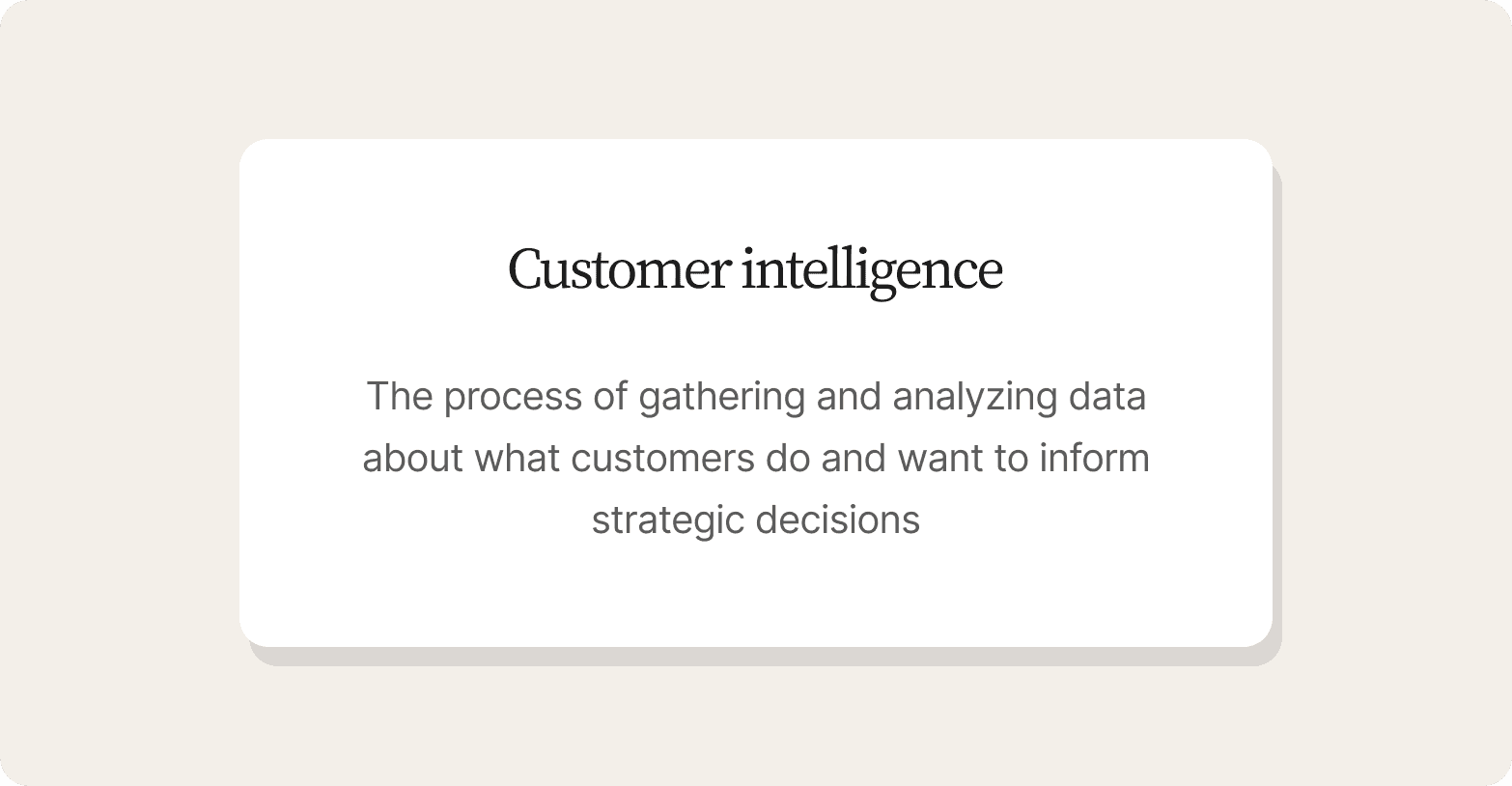 Definition card titled "Customer intelligence," describing it as the process of gathering and analyzing data about what customers do and want to inform strategic decisions