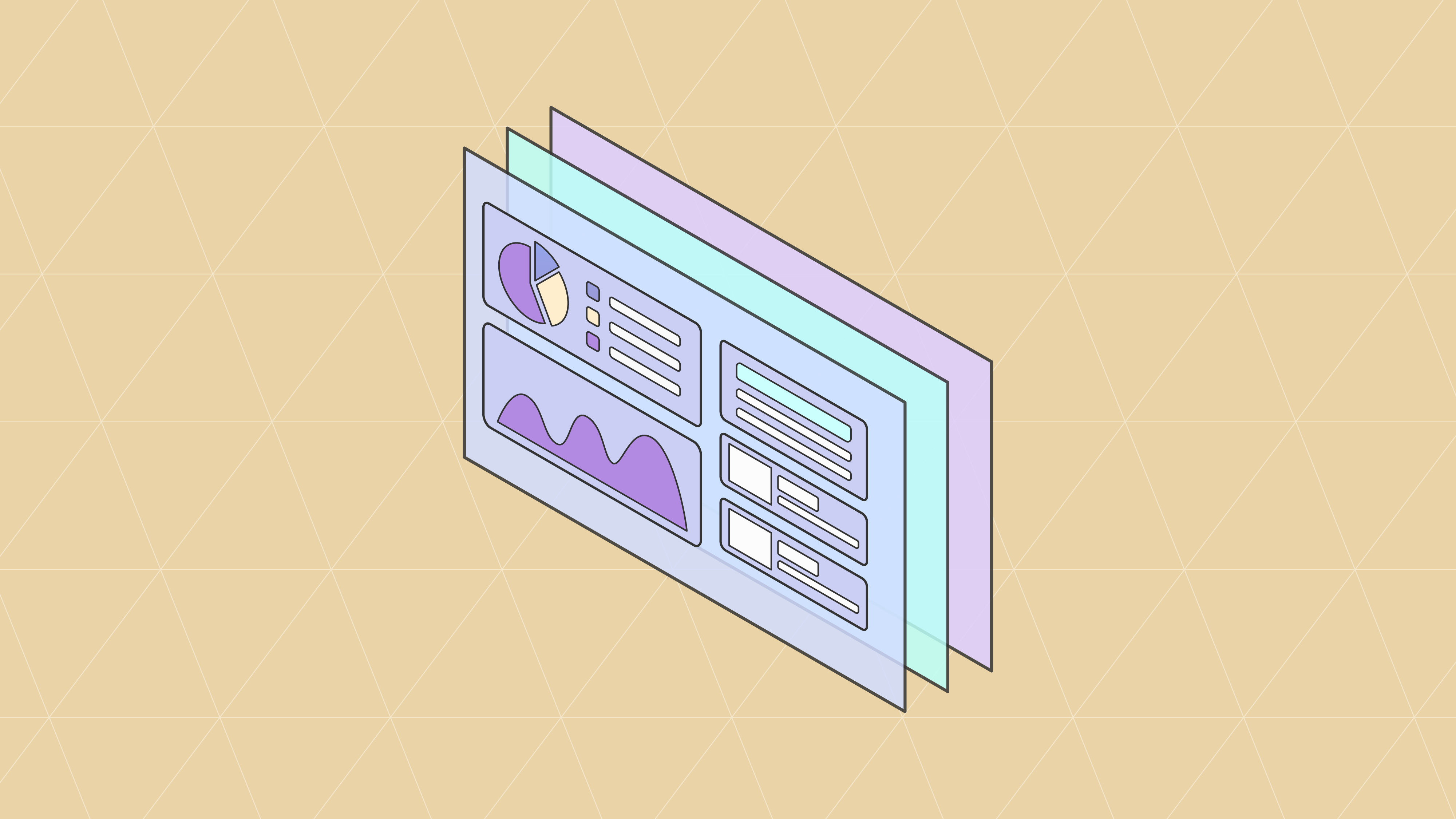 Isometric illustration of layered translucent dashboard screens with a pie chart, area chart, and lists on a tan background