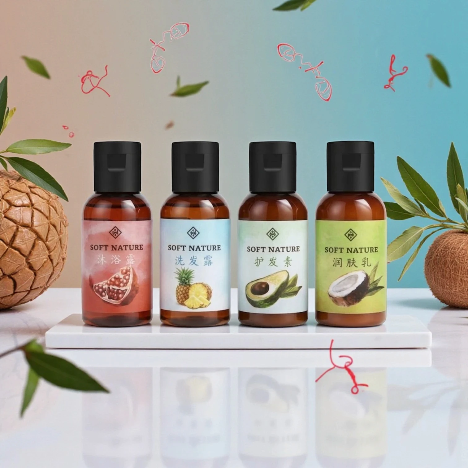 Bulk hotel amenities kit with sustainable packaging, featuring customizable bottles and logo branding for boutique hotels and hospitality chains.