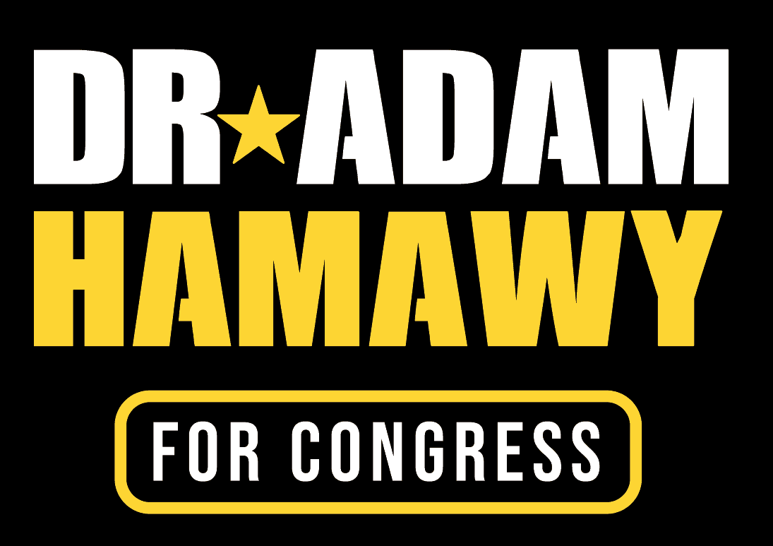 Logo for Dr. Adam Hamawy's congressional campaign, featuring his name in bold yellow and black text.