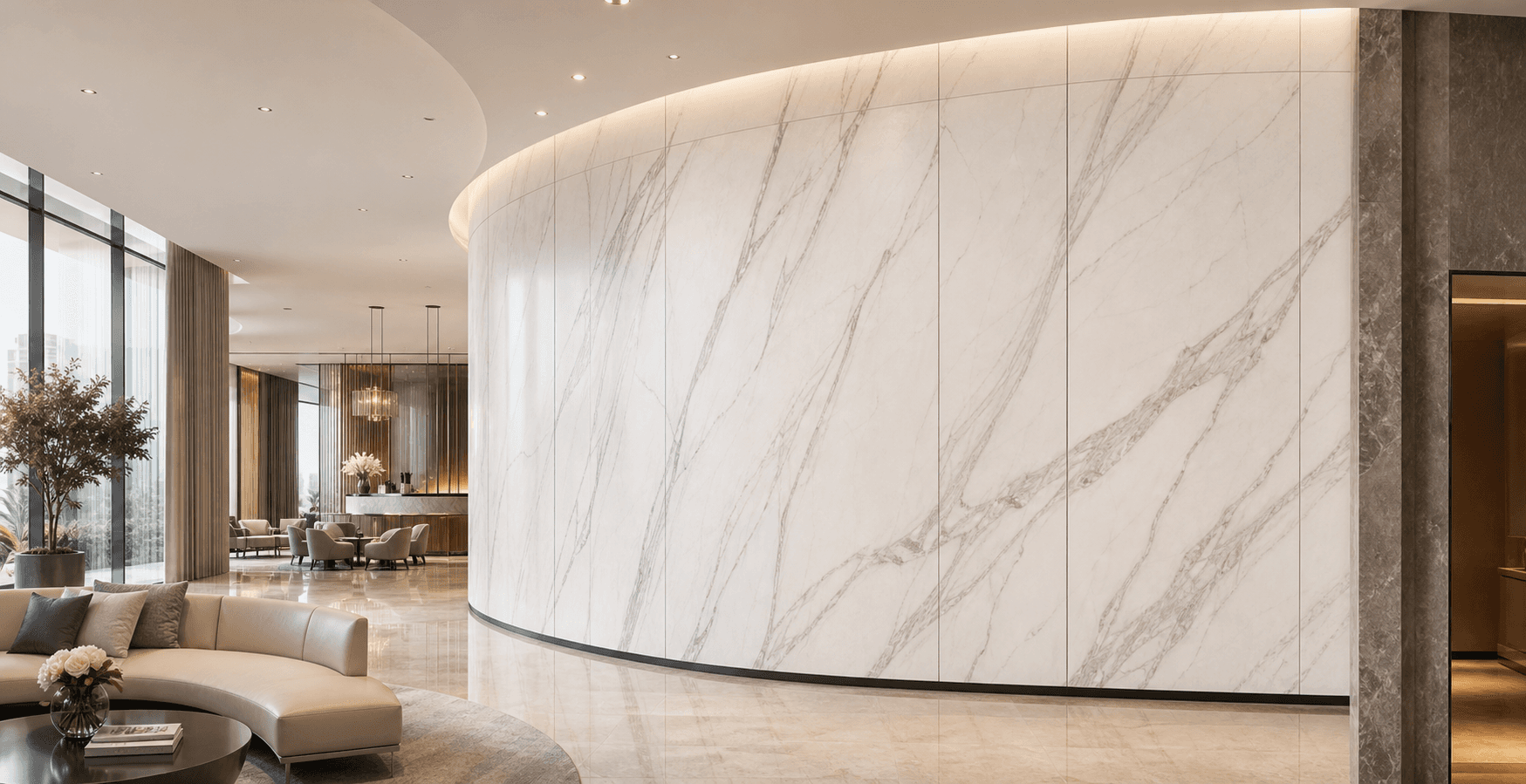 Luxury hotel lobby with custom curved white marble wall cladding and seamless architectural stone panels