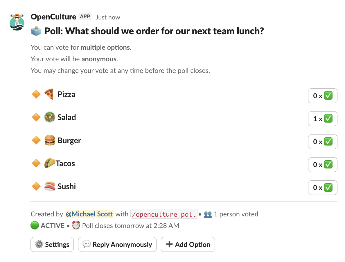 Screen capture of a Poll run using OpenCulture about next lunch order