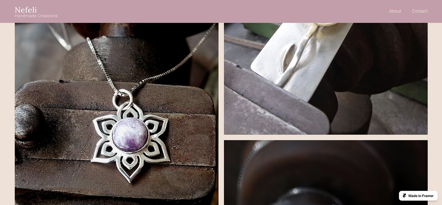 Κοντινό πλάνο ενός χειροποίητου ασημένιου μενταγιόν σε σχήμα λουλουδιού, με κεντρική μωβ πέτρα, από το portfolio της Nefeli Handmade Creations.