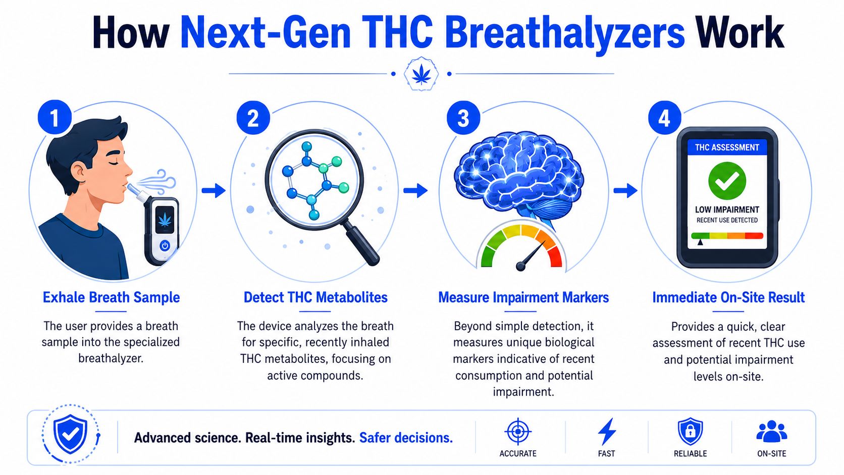 An infographic showing the four-step process of using a next-generation THC breathalyzer device for impairment testing.
