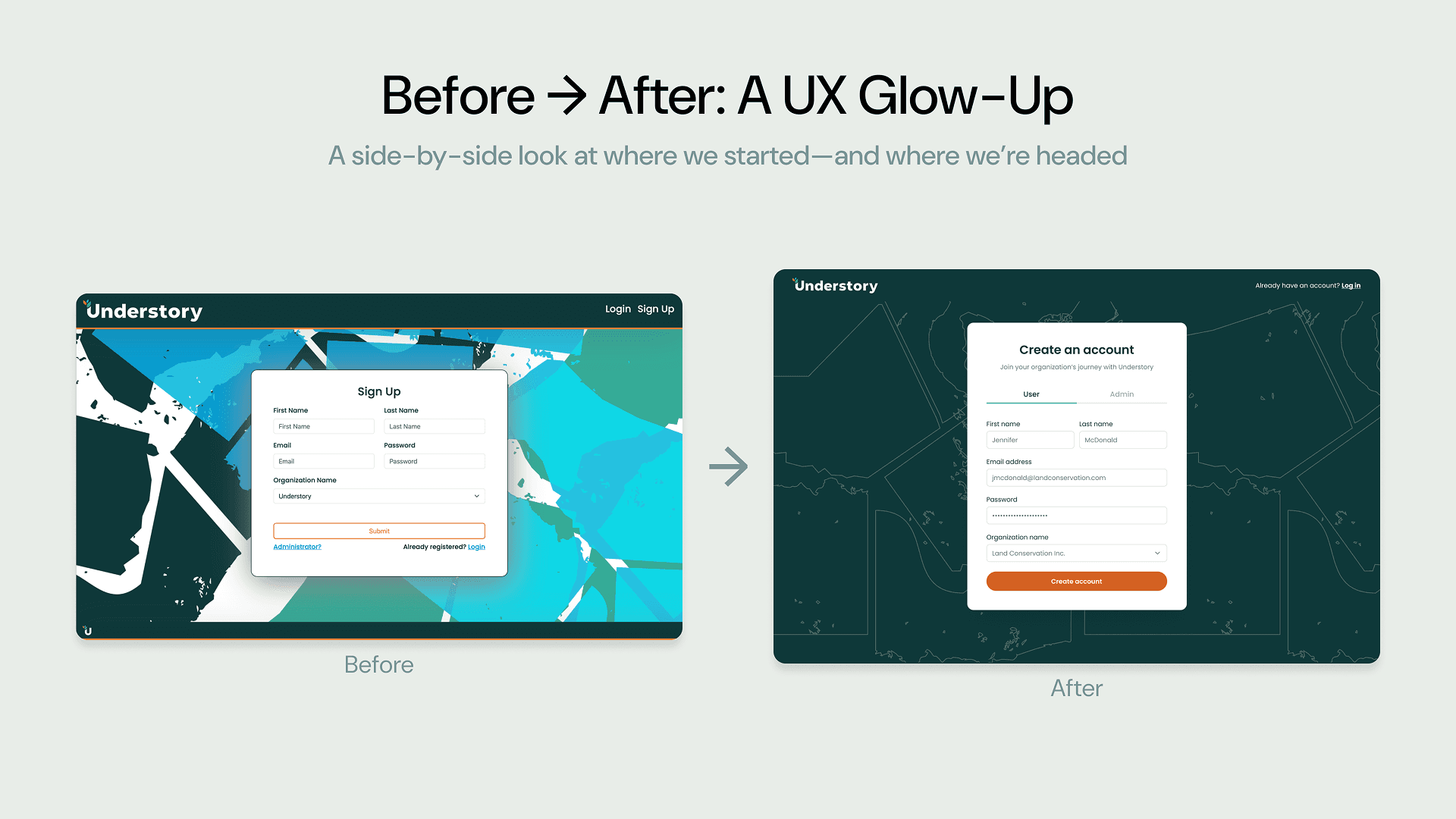 Comparison of a user interface before and after redesign. The 'before' shows a cluttered, colorful background with a basic sign-up form. The 'after' displays a cleaner, dark-themed background with an updated 'Create an account' form, illustrating a modern, streamlined design.