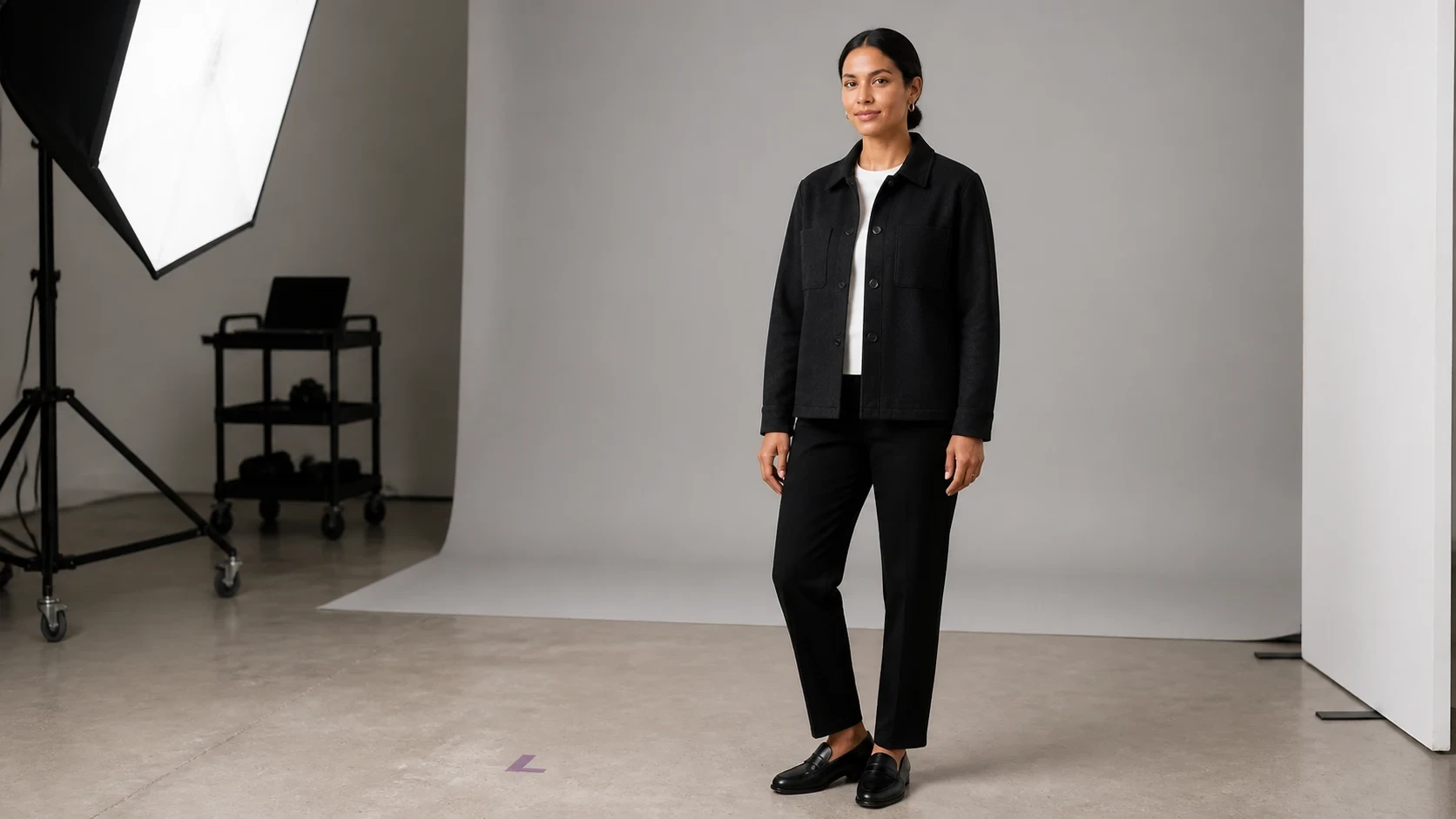 Model in a charcoal chore jacket stands on a grey sweep between a large softbox and white fill panel