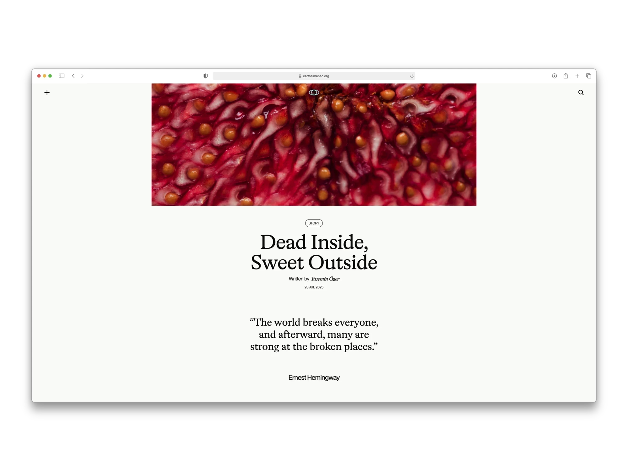Earth Almanac article page “Dead Inside, Sweet Outside” with a close-up of red fruit