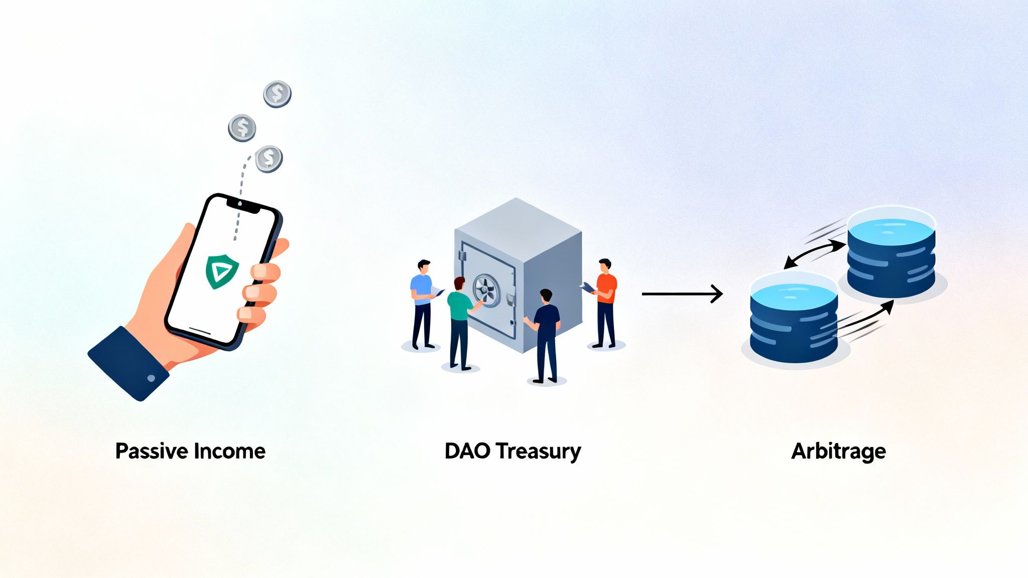 Diagram illustrating how passive income contributes to a DAO treasury for arbitrage opportunities.