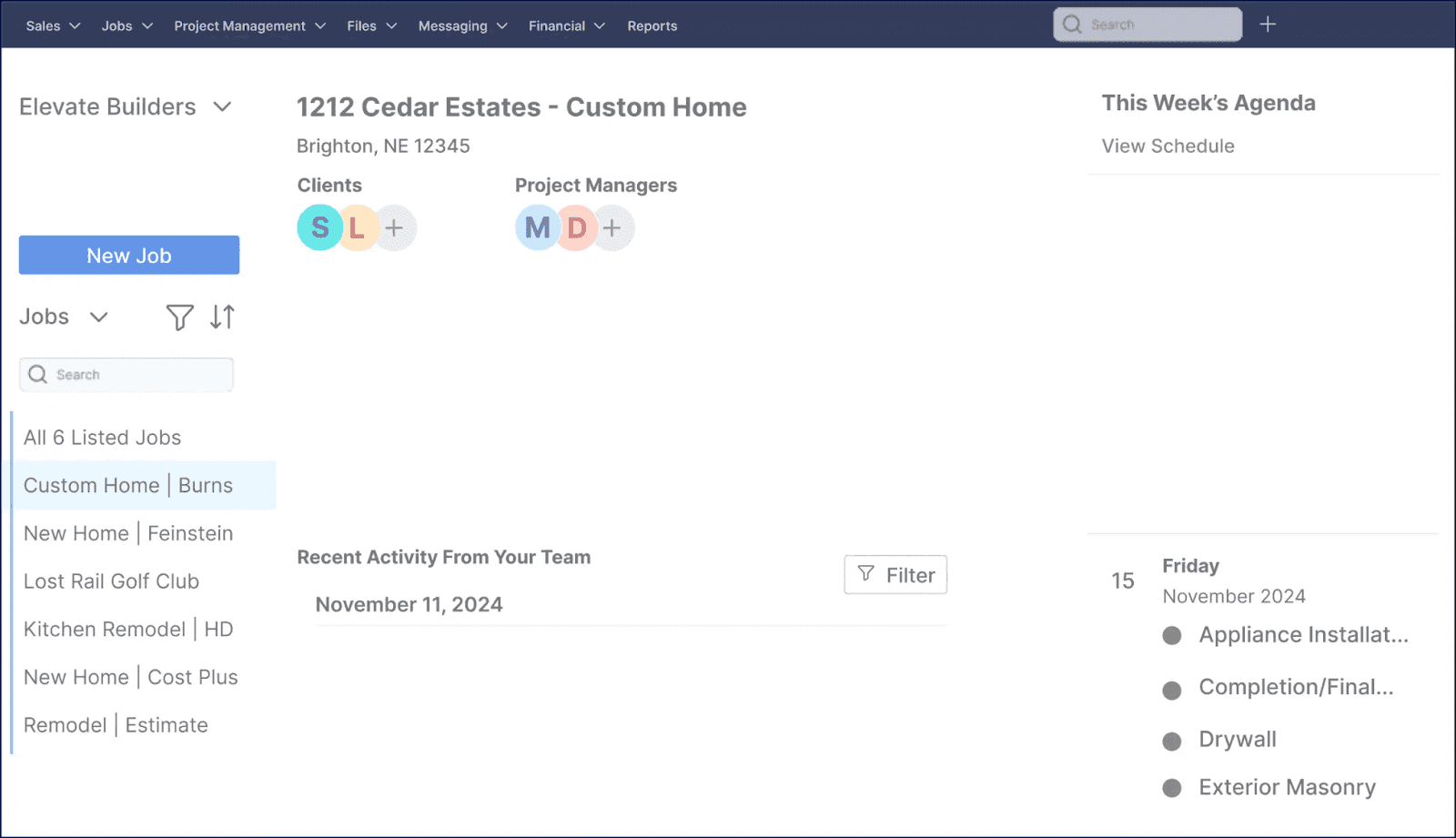 Buildertrend project management dashboard displaying job details