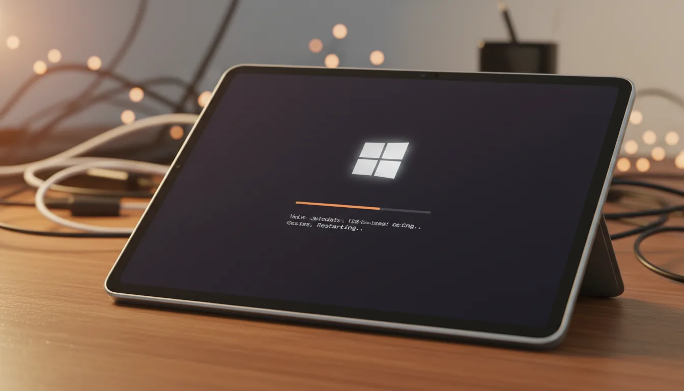 DSLR photograph, low-angle close-up of a silver tablet-laptop hybrid on a desk. The glossy black screen is the main focus, displaying a Windows system update interface with the iconic window logo, a thin orange progress bar, and abstracted text lines below. Warm, ambient light from the side casts a golden glow on the surface. The background is a cluttered desk with wires, rendered with a shallow depth of field and soft bokeh.