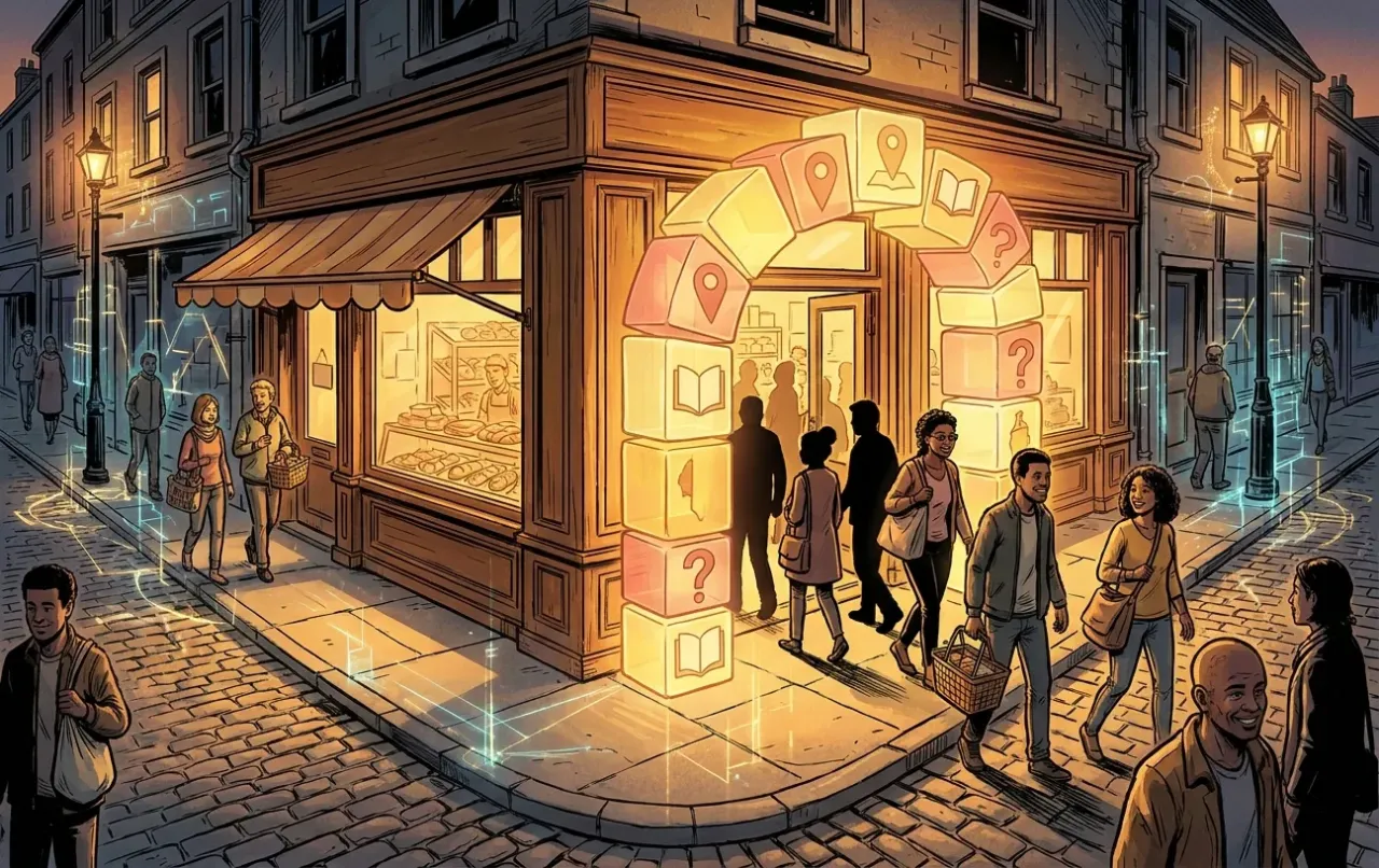Street scene with glowing blocks, representing RockN' Socials digital marketing.
