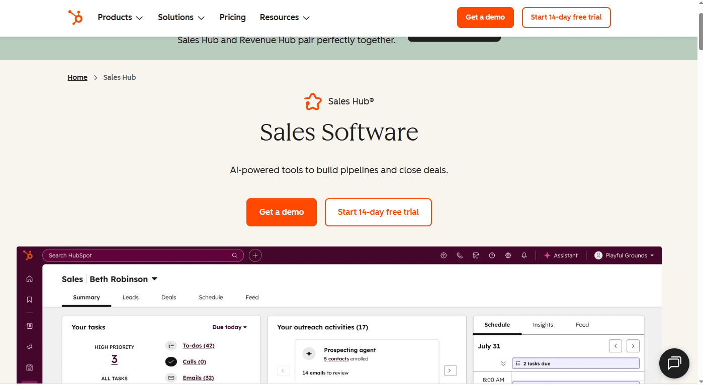 HubSpot Sales Hub home
