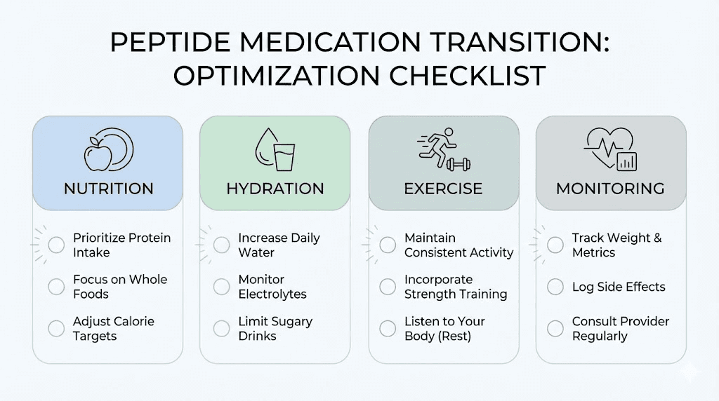 Retatrutide transition optimization checklist for nutrition hydration exercise and monitoring