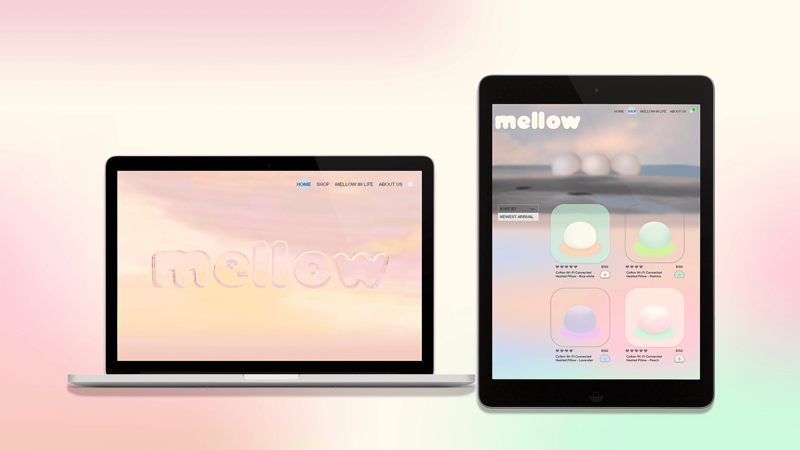 A laptop and a tablet are displayed side by side. The laptop screen shows the word “mellow” in large, pink letters against a pastel sky background. The tablet screen displays a grid of app icons for “mellow” apps, including “MELOW IN LIFE,” “MELOW BY LIFE,” and “MELOW APPLICATIONS.” The tablet also shows “NEWEST APPROVAL” in the top right corner.