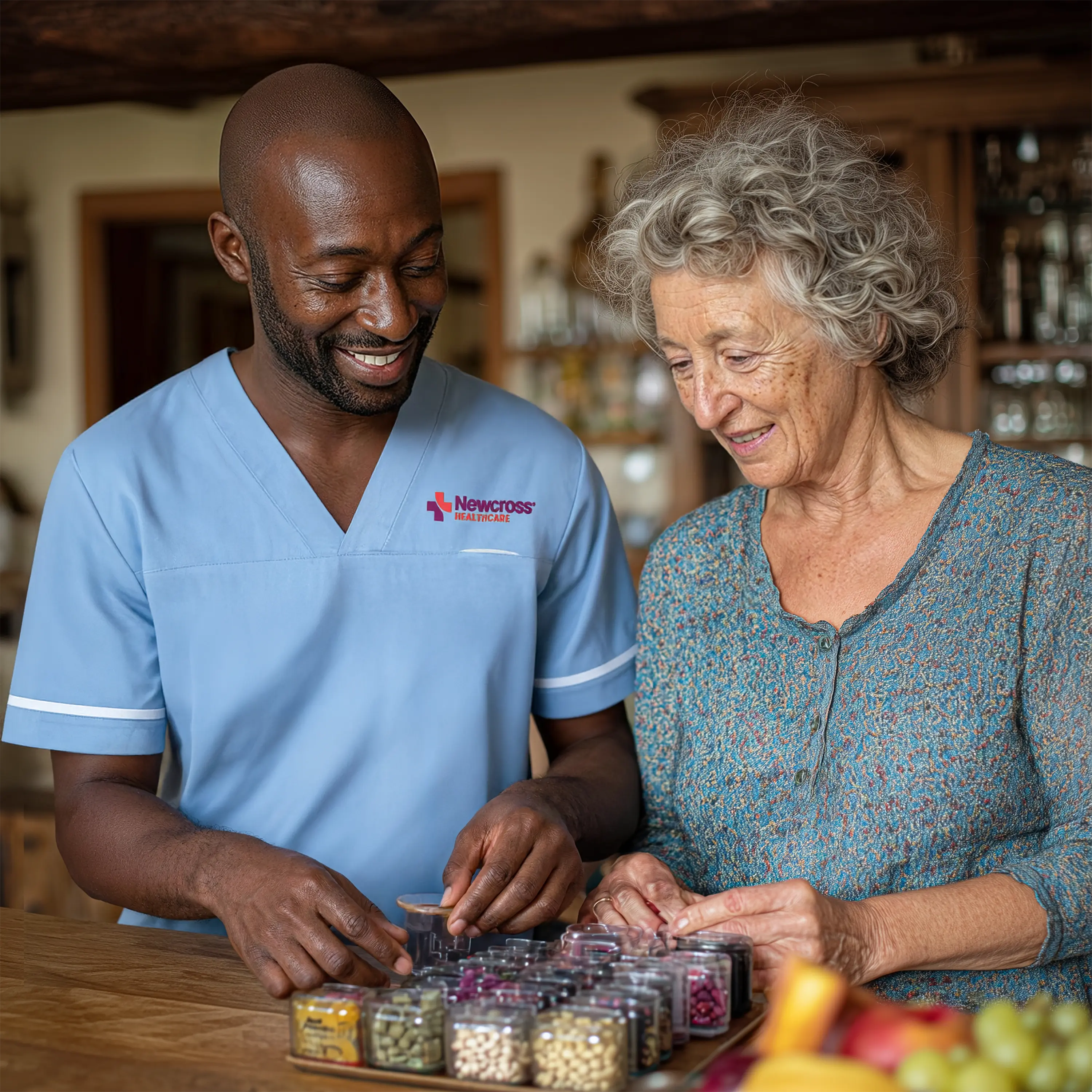 A Newcross caregiver and an elderly woman smile while looking at items on a table together.