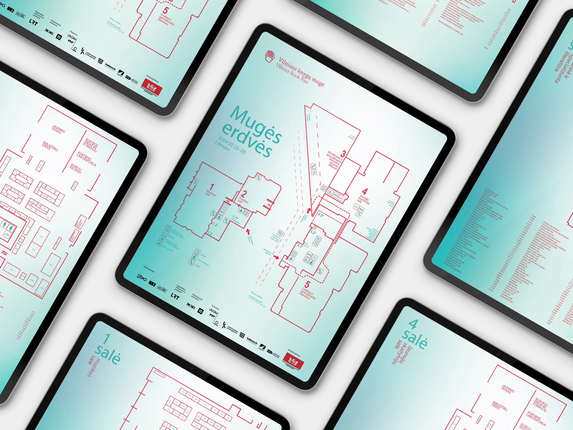 iPad mockups displaying floor maps and visitor leaflets for Vilnius Book Fair 2024