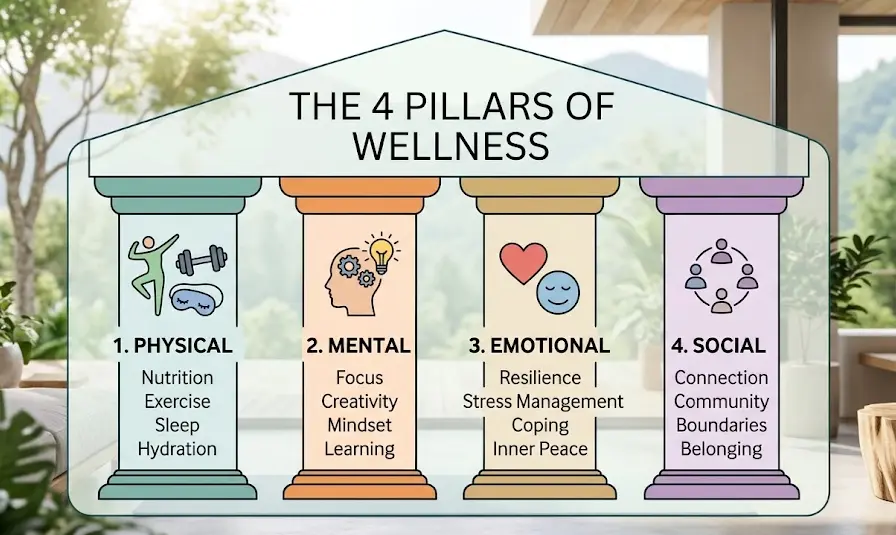 Infographic showing the 4 pillars of wellness: Physical, Mental, Emotional, and Social health foundations
