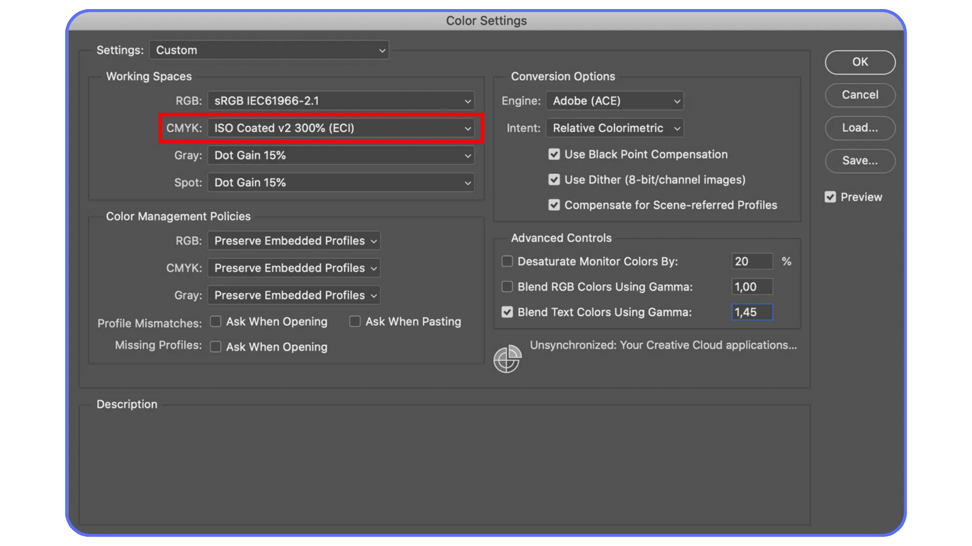 Photoshop Color Settings window highlighting the CMYK working space set to ISO Coated v2 300%, used for print color accuracy
