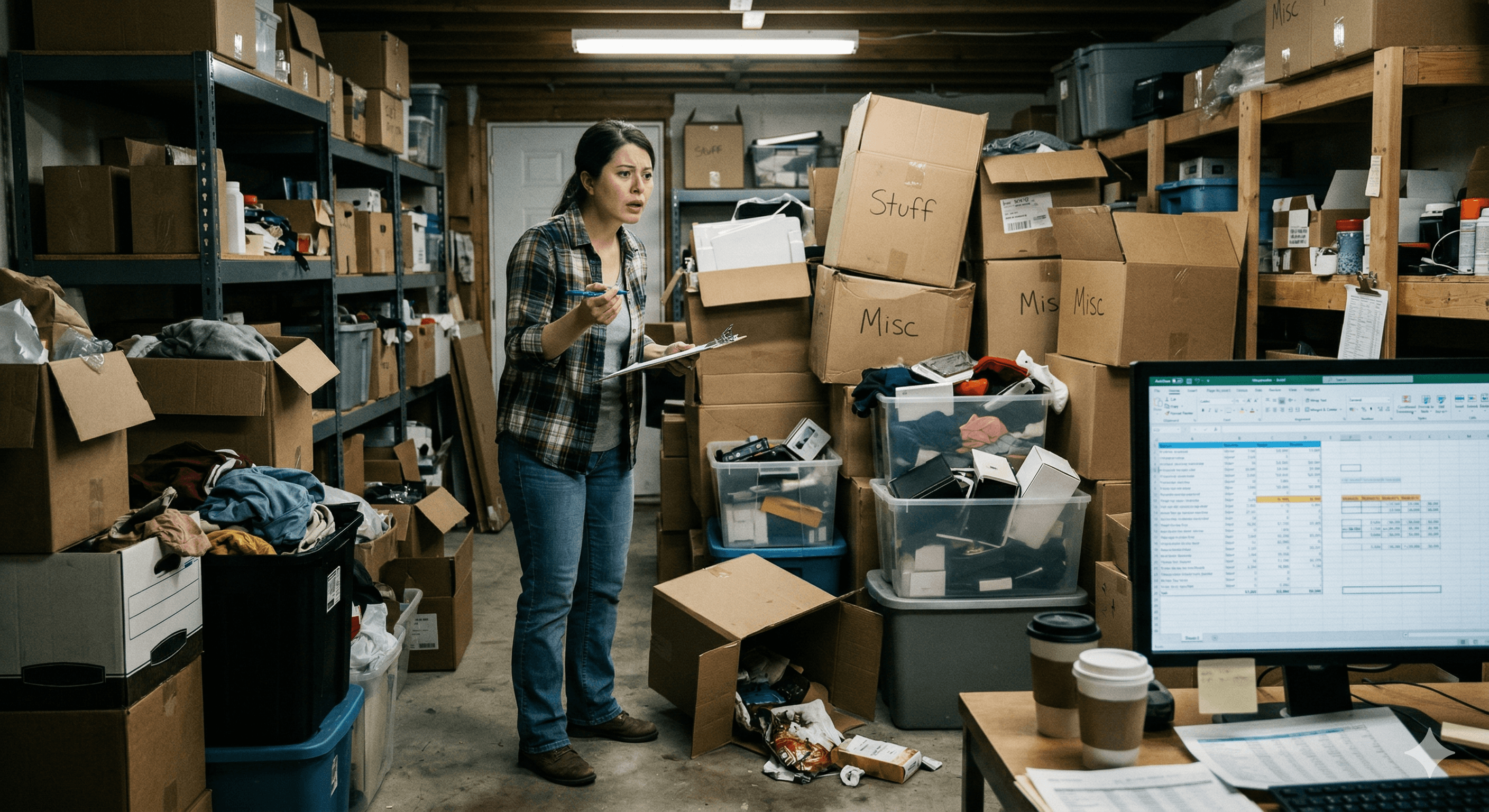 Woman in a packed garage full of boxes.