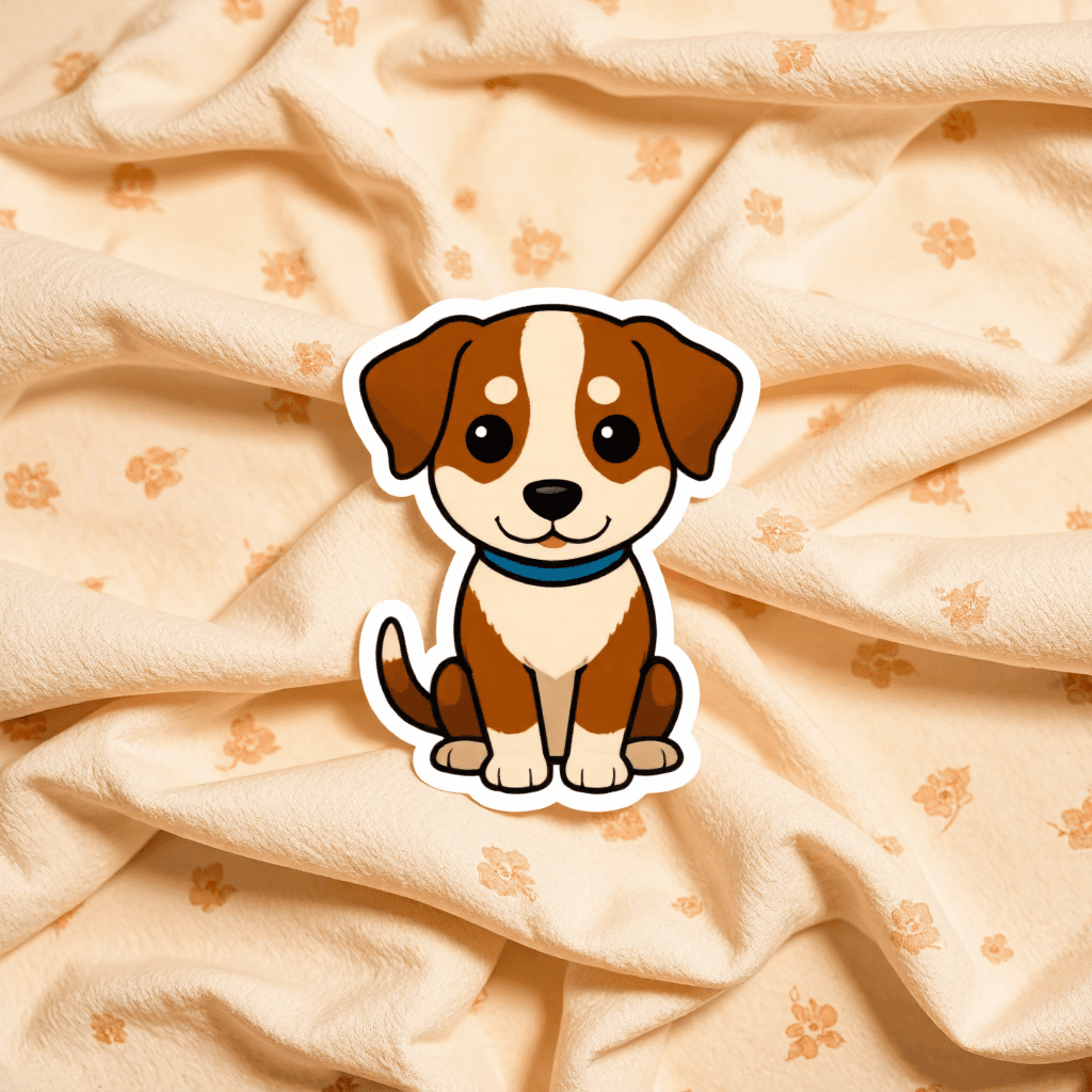 product photography of a sticker of a cartoon dog