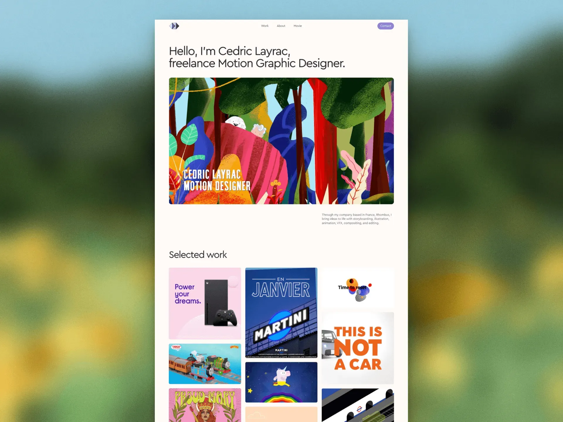 Cedric Layrac motion designer portfolio homepage featuring colorful illustrated forest artwork and selected projects.
