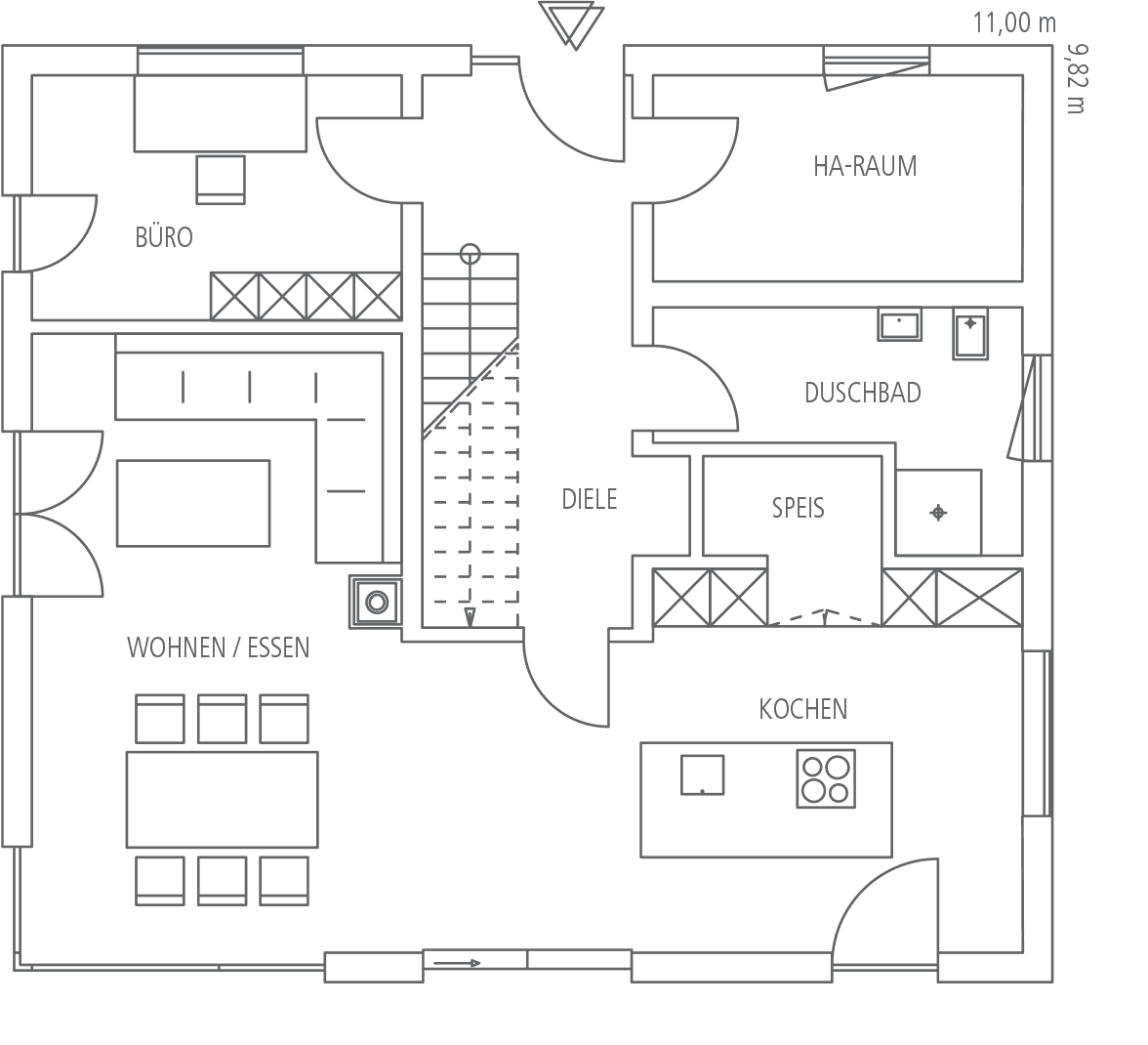 Grundriss-Ansicht eines Hauses mit den Bereichen Wohnen/Essen, Büro, Diele, Küche, Speis, Dusche und HA-Raum.