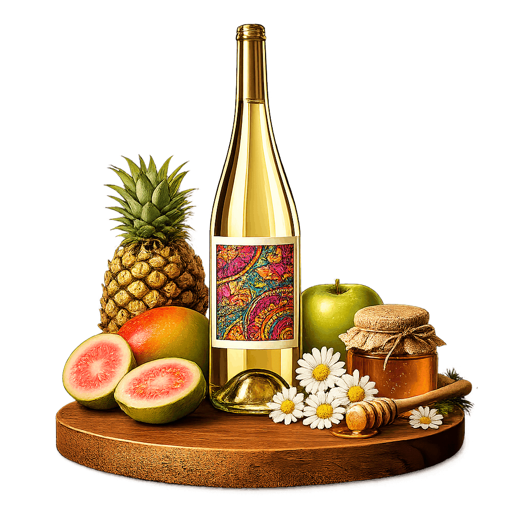 Artistic label and flavor profile for Indian Sula Chenin Blanc on a rustic wooden table.