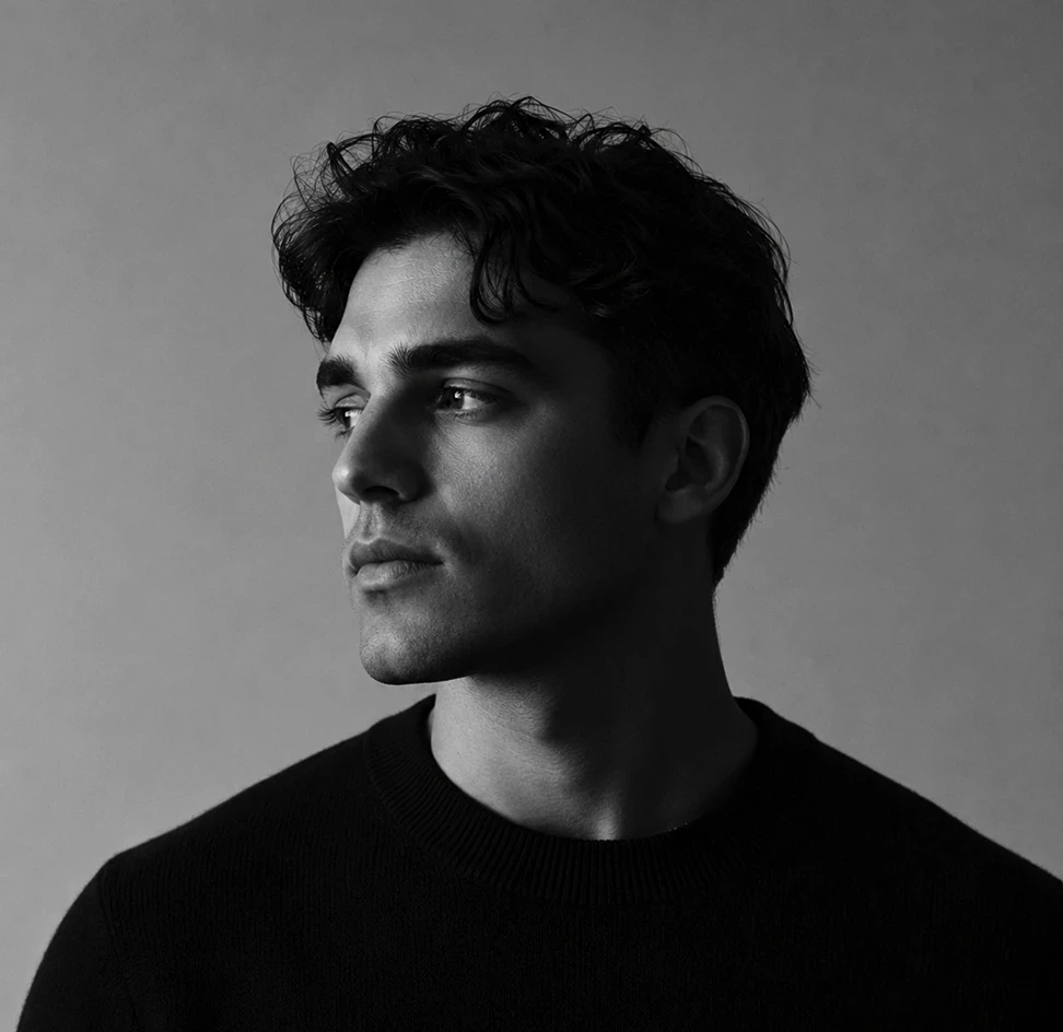 Black and white portrait of the designer in a black sweater, looking thoughtfully to the side