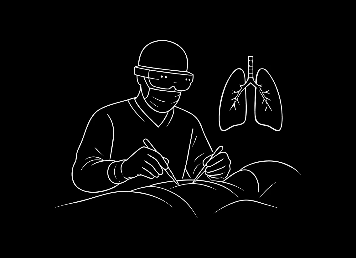 Line-art illustration of a surgeon wearing an AR headset operating with a 3D lung model visible beside them, representing VR and AR in healthcare
