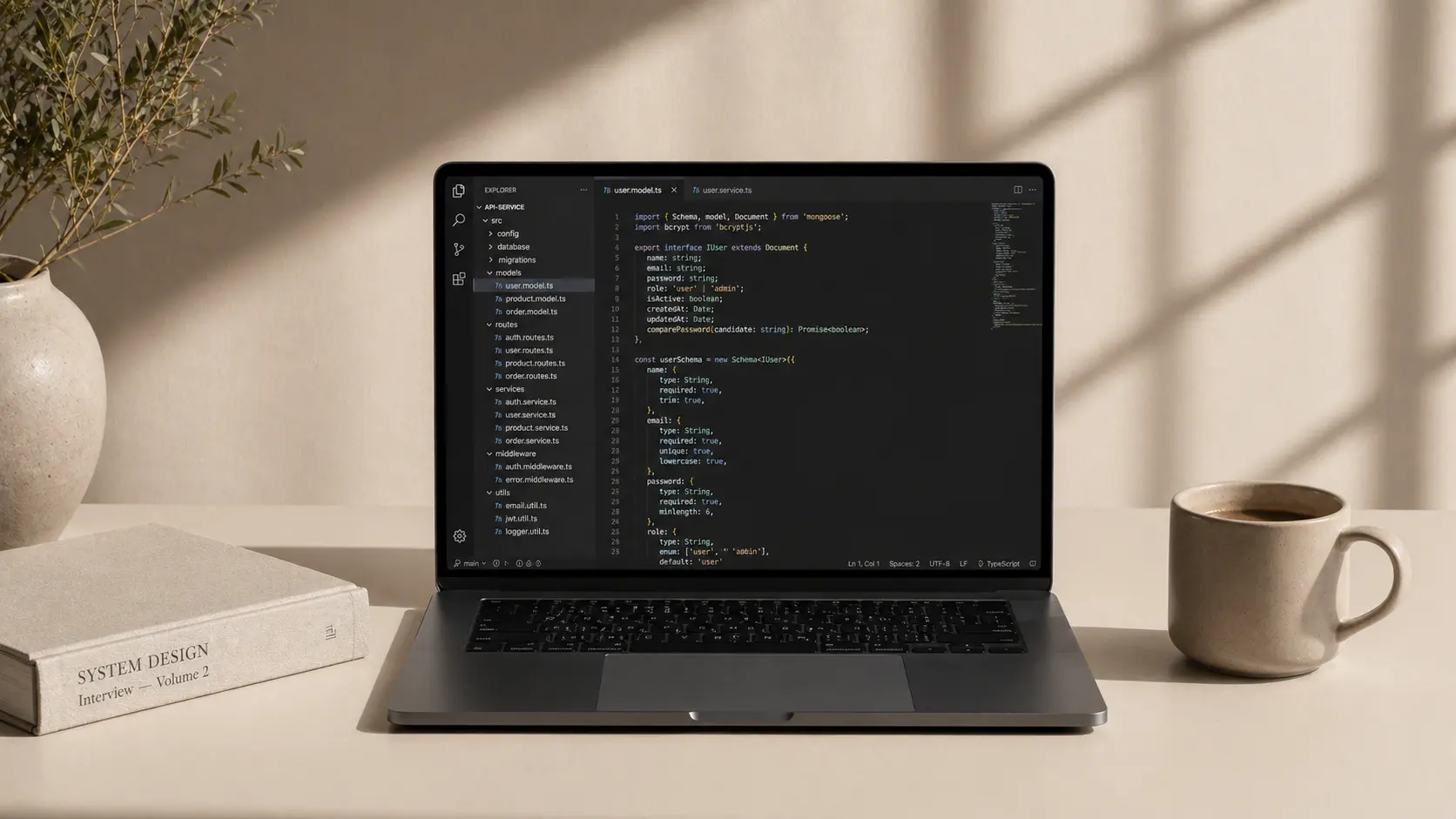 A minimalist laptop mockup showing a professional code editor with syntax-highlighted code, representing custom backend software development.
