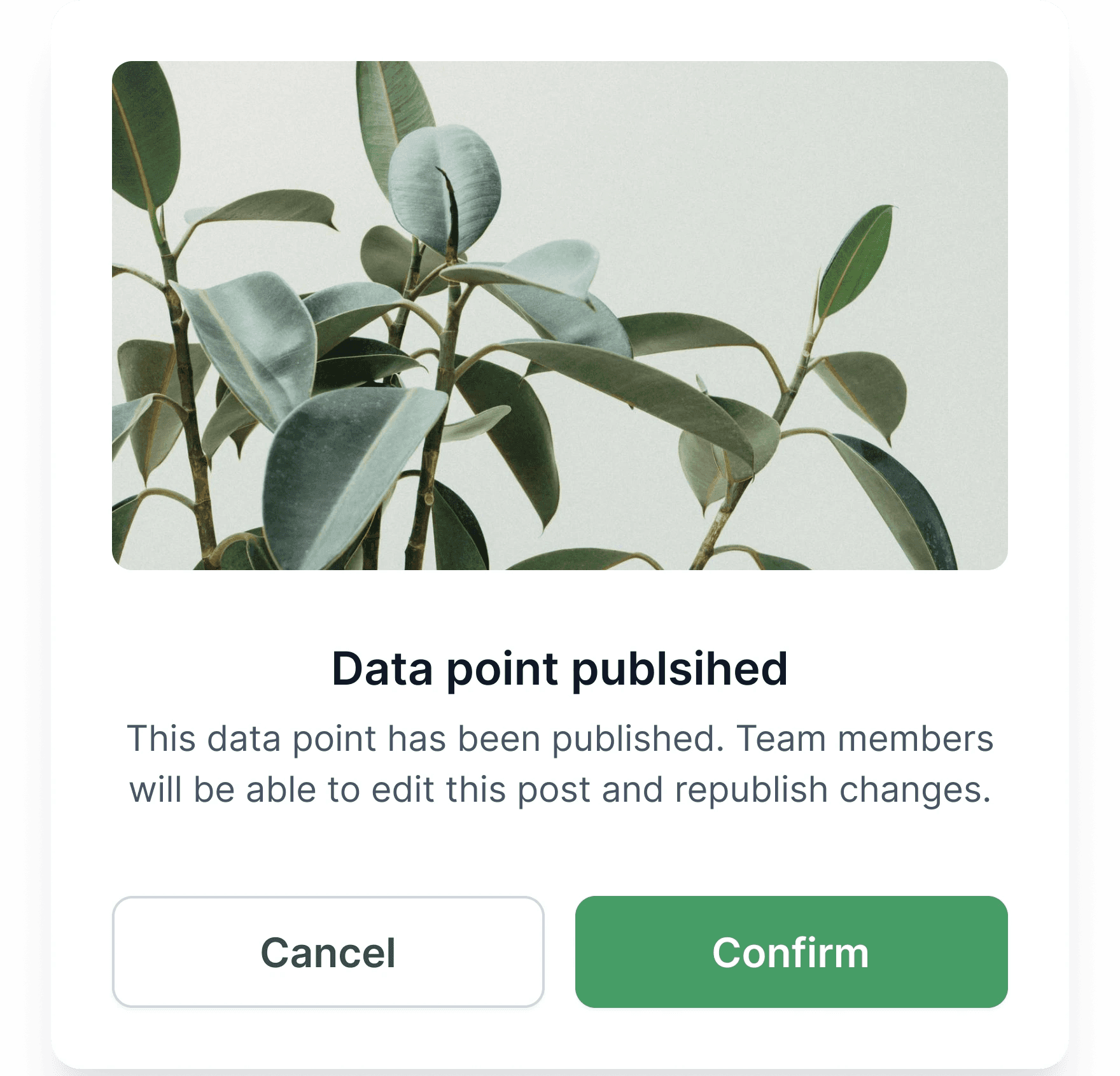 A "Data point published" modal interface