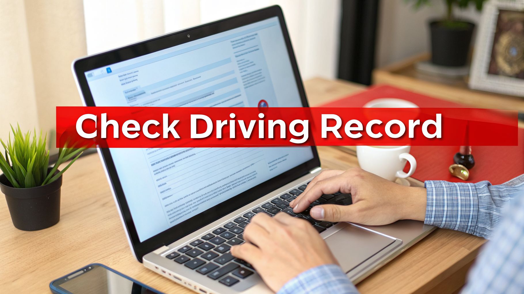 Person's hands typing on a laptop screen displaying a 'Check Driving Record' banner.