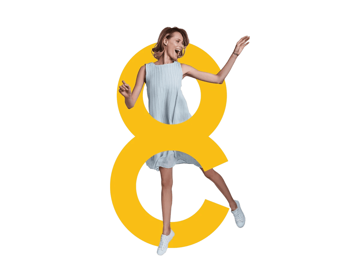 Branding-Visual von ACHT Engineering mit gelber Zahl Acht und integrierter Person als Gestaltungselement