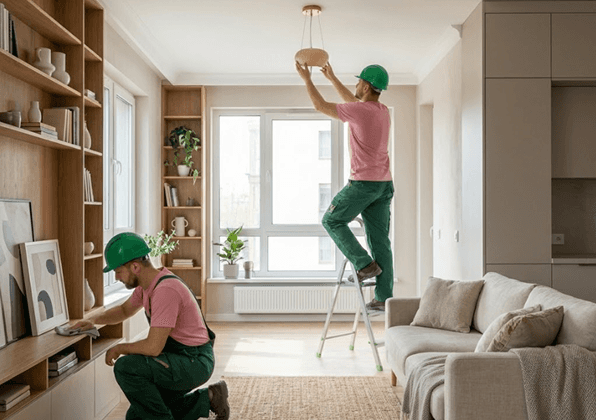 Équipe sur site en contrôle + détail finition (alignement / jonction) — image calme.