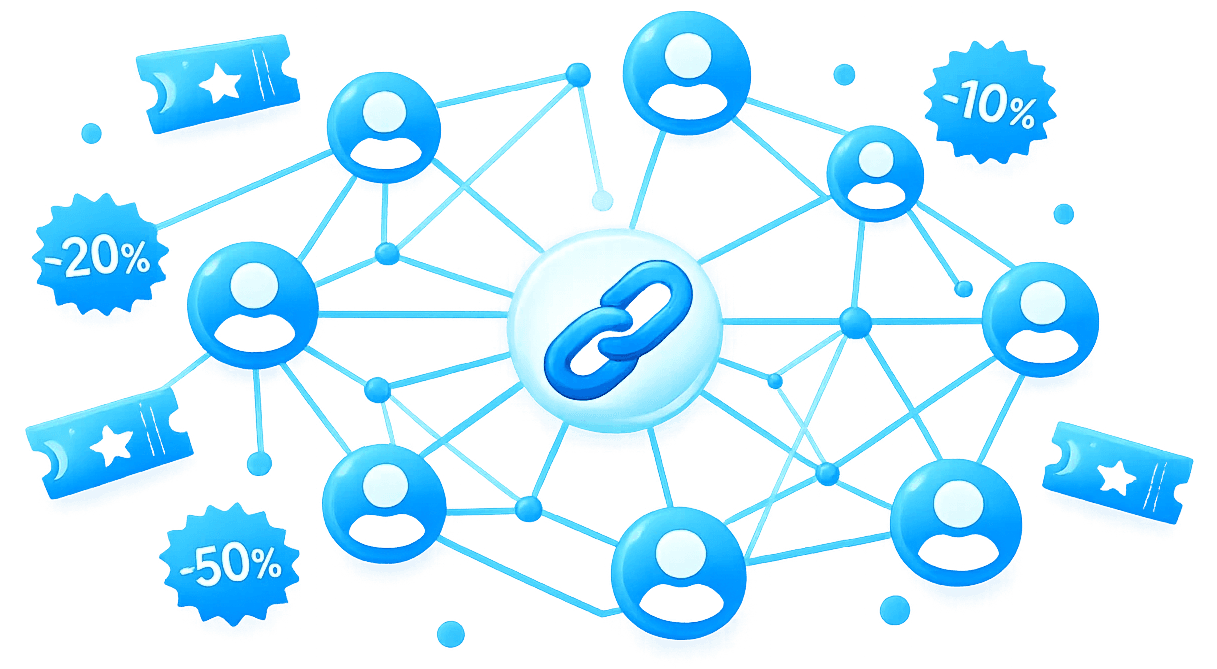 Red de personas conectadas por líneas azules con ícono de enlace compartido en el centro, tickets y badges de descuento flotantes