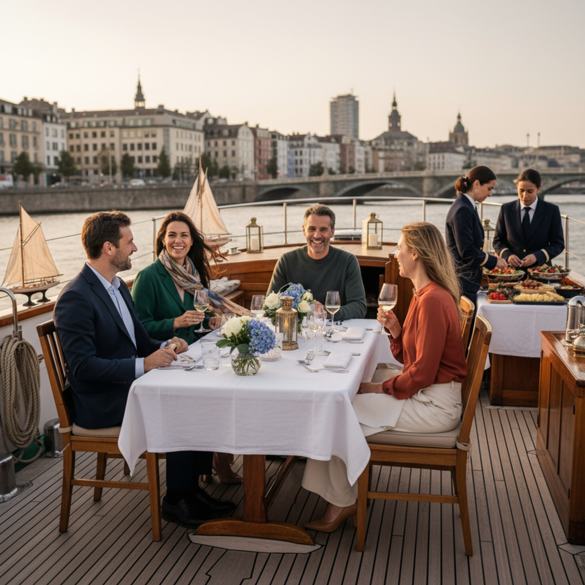 Ein gedeckter Tisch auf dem Hauptdeck, dezente Windlichter und maritime Deko. Eine kleine Gruppe lacht, während im Hintergrund die Stadt langsam vorbeigleitet. Die Crew richtet behutsam ein Buffet an. Weiches Abendlicht sorgt für warme, freundliche Farben.