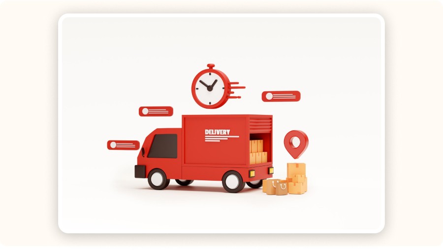 Red delivery truck with packages, clock, and location pin representing fast shipping
