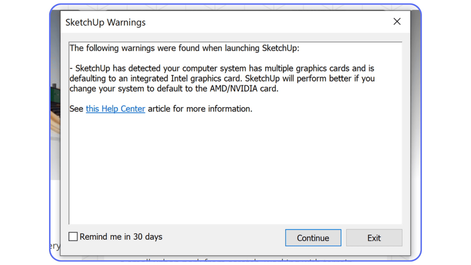 SketchUp warning message informing the user that the software is running on an integrated GPU instead of a dedicated graphics card.