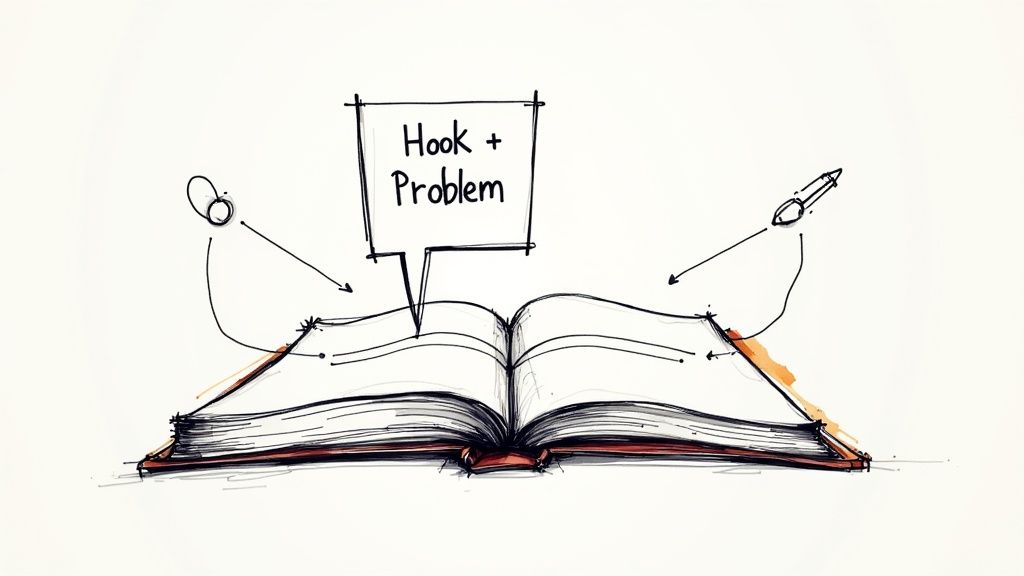 Hand-drawn sketch of an open book with a speech bubble saying 'Hook + Problem', representing writing concepts.