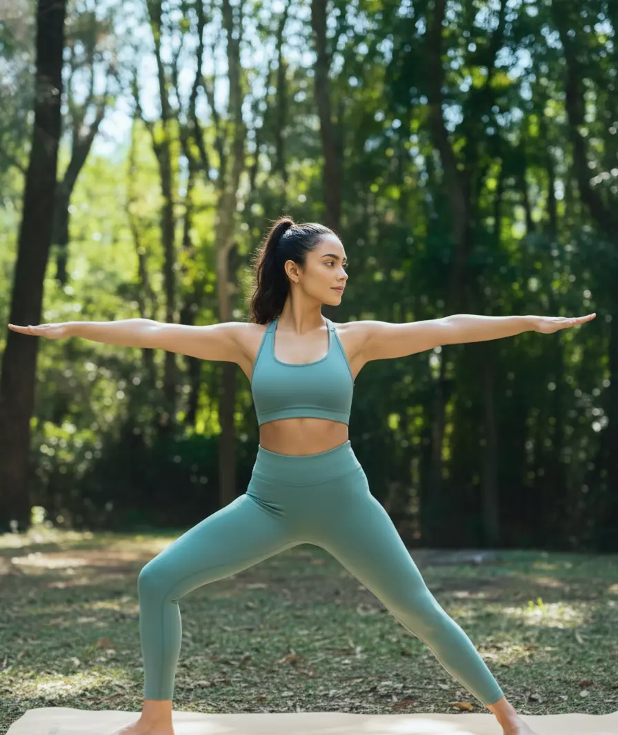 A person practicing yoga outdoors in a forest, standing in Warrior II pose with arms extended, wearing a green sports bra and leggings on a yoga mat.