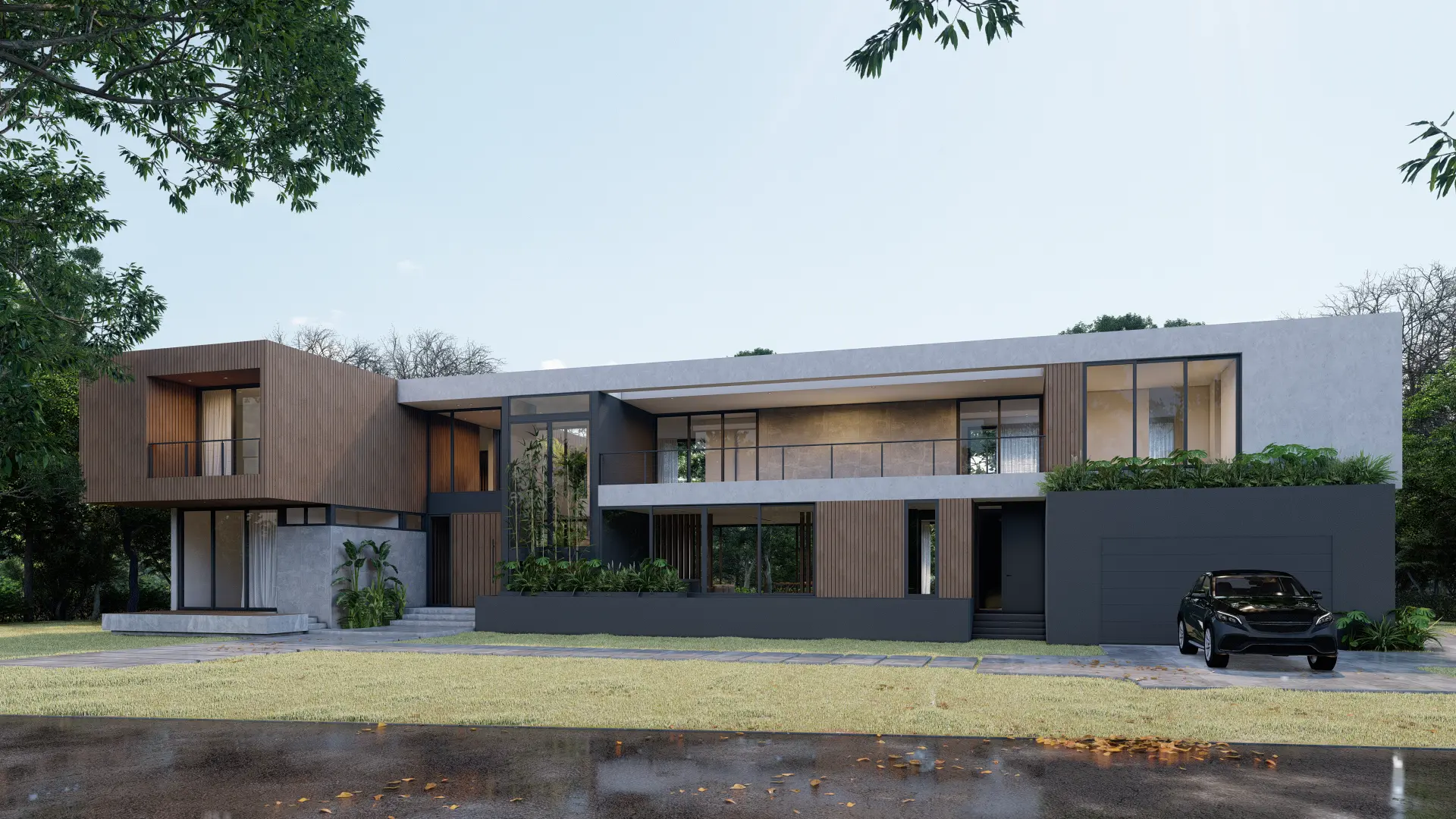 Front elevation of the SW 69th Residence in Pinecrest with a cantilevered wood-clad volume, board-formed concrete, glass facades, and a landscaped driveway