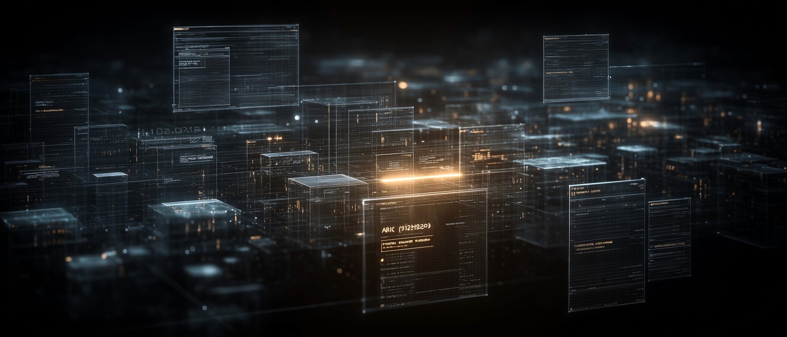 Dark, futuristic scene of translucent document panels and structured data blocks floating over a glowing digital landscape, suggesting document and identity systems managing secure information flows.